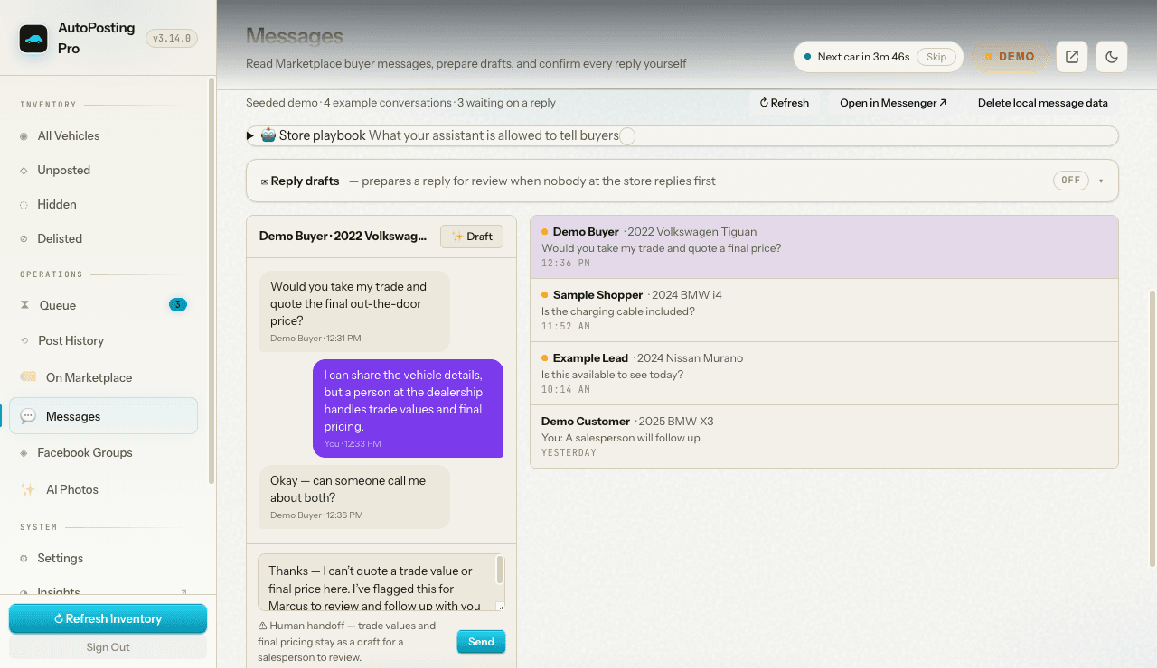 Light-theme seeded AutoPosting Pro Messages screen with the Messages tab selected, a buyer asking about a trade and final price, an unsent AI-assisted draft, and a salesperson handoff