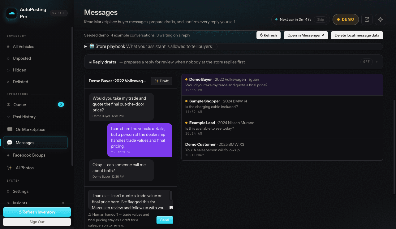 Dark-theme seeded AutoPosting Pro Messages screen with the Messages tab selected, a buyer asking about a trade and final price, an unsent AI-assisted draft, and a salesperson handoff