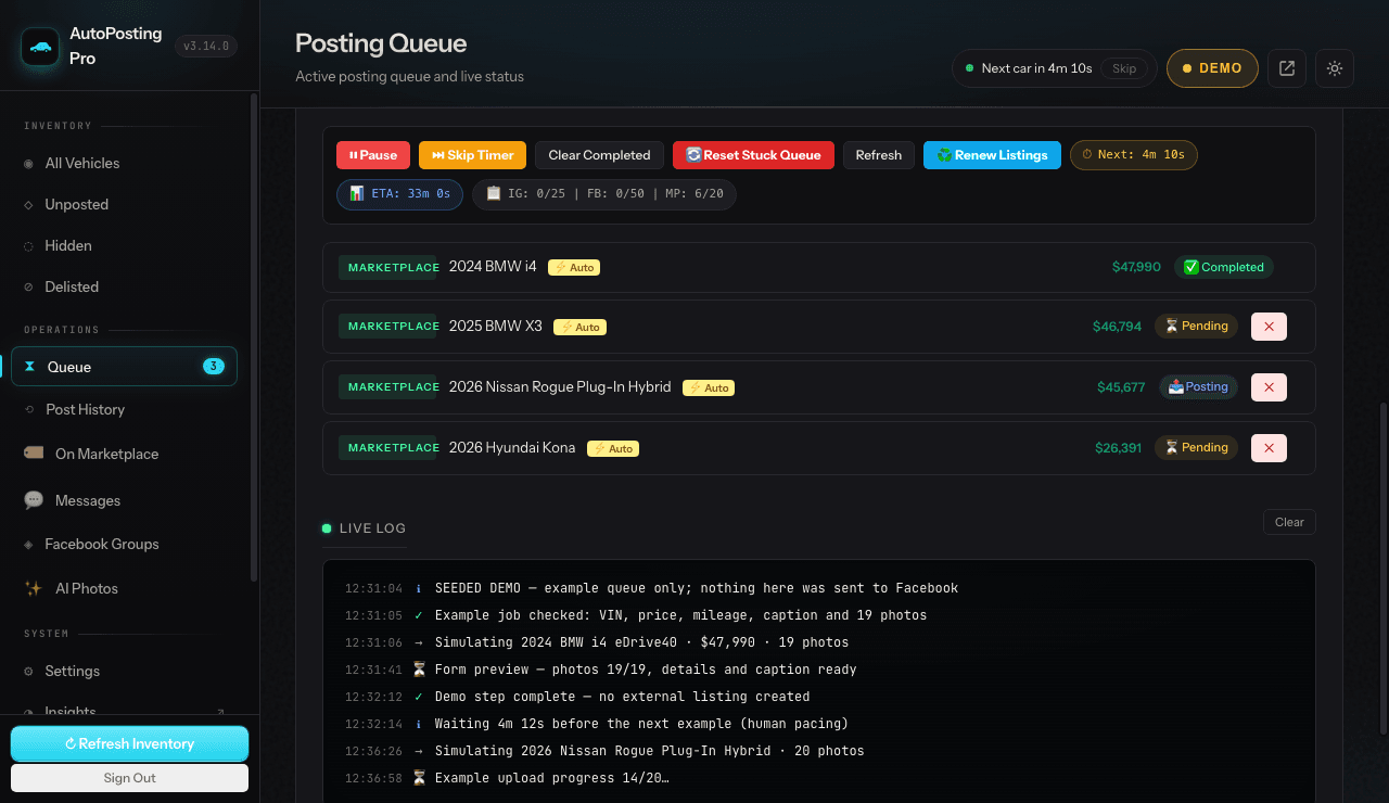 Seeded demo of the AutoPosting Pro 3.14.0 release-candidate Marketplace queue showing selected vehicles, photo progress, human pacing and a log that no external listing was created