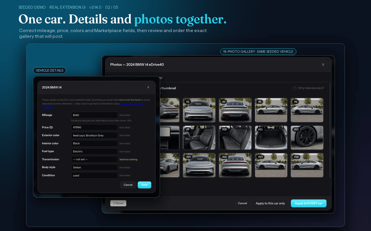 Seeded demo of the real AutoPosting Pro vehicle details and photo review dialogs for the same BMW i4, including mileage, price, colors and a 19-photo gallery