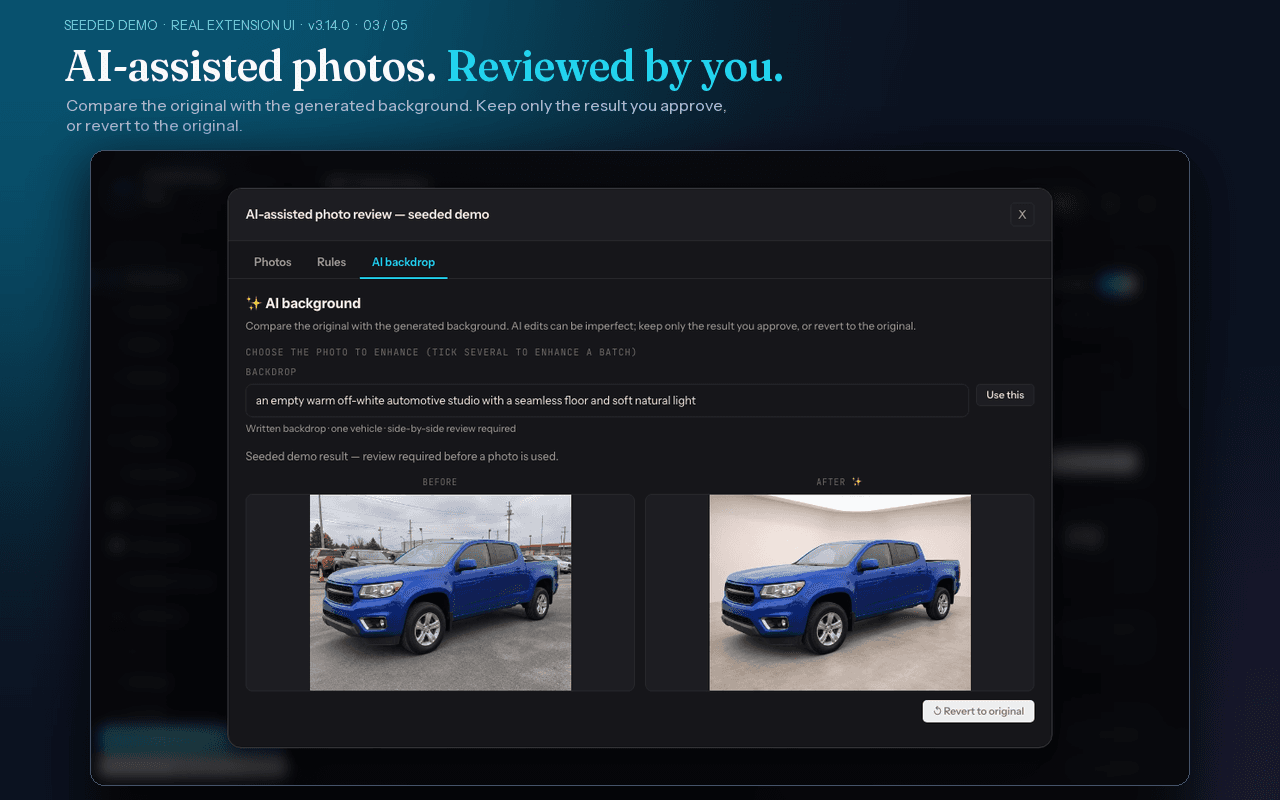 Seeded demo of the real AutoPosting Pro AI-assisted photo review showing the original vehicle photo beside a generated background and a Revert to original control